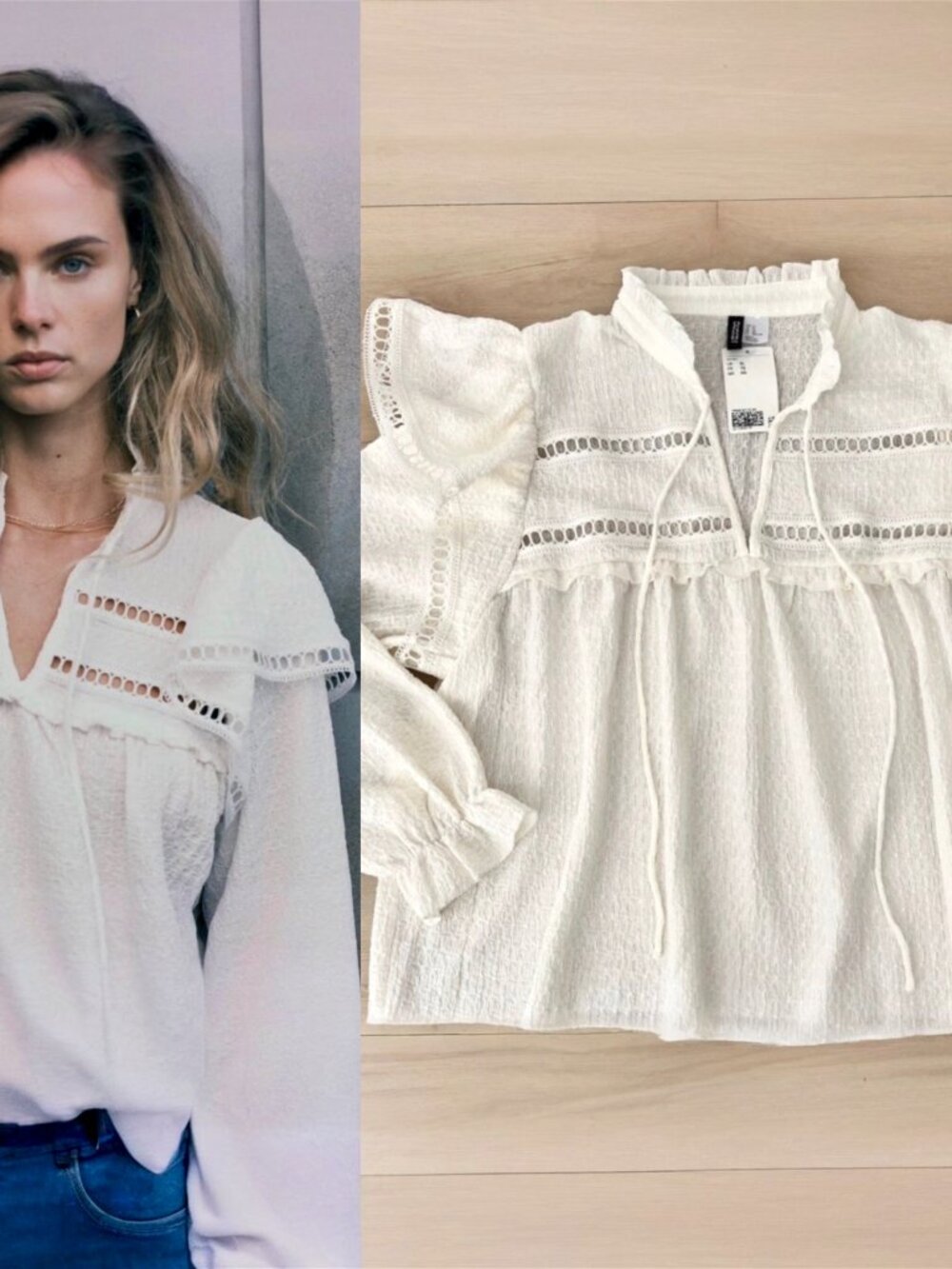 NWT H&M Keyhole Cutout Ruffle Long Sleeve White Babydoll Retro Blouse Size XL